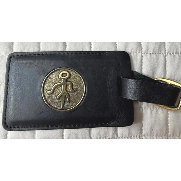 Vintage  Black Leather Luggage Tag w/Buckle Closure & weird Medallion - Picture 1 of 7